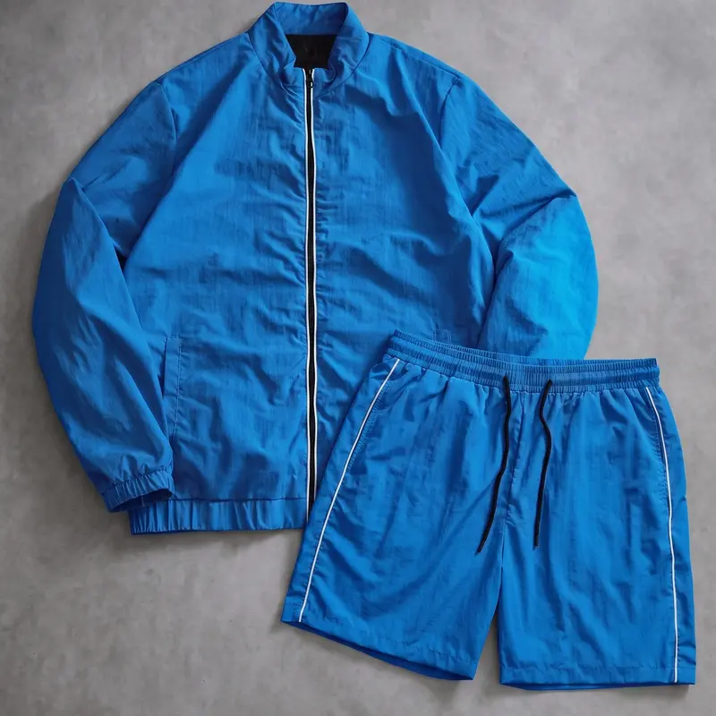 Stand Collar Zip Jacket & Shorts Two-Piece Set, Side Contrast Topstitching, Men’s Lightweight Casual Sport Commuter Outfit