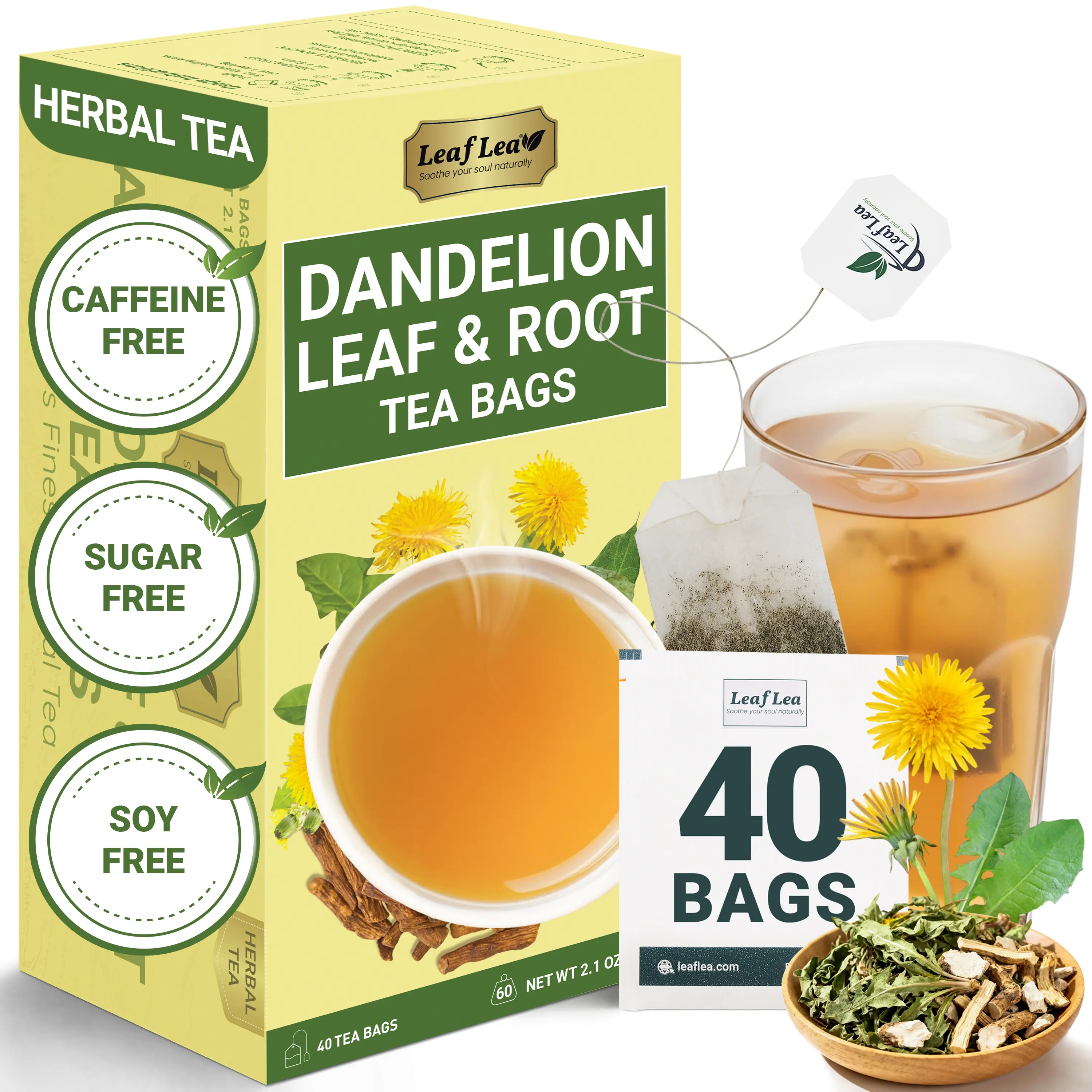LeafLea Dandelion Root and Leaf Tea Bags, Roasted Dandelion Root Tea Blend, Natural Herbal Tea for Digestion & Wellness, Te de Diente de Leon, Individually Wrapped, Caffeine-Free, No Sugar