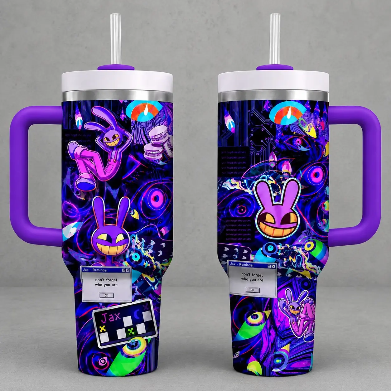 Jax The Amazing Digital Circus Tumbler 40/30/20oz Insulated Cup With Handle, Purple Rabbit Colorful Cartoon Travel Mug Gift