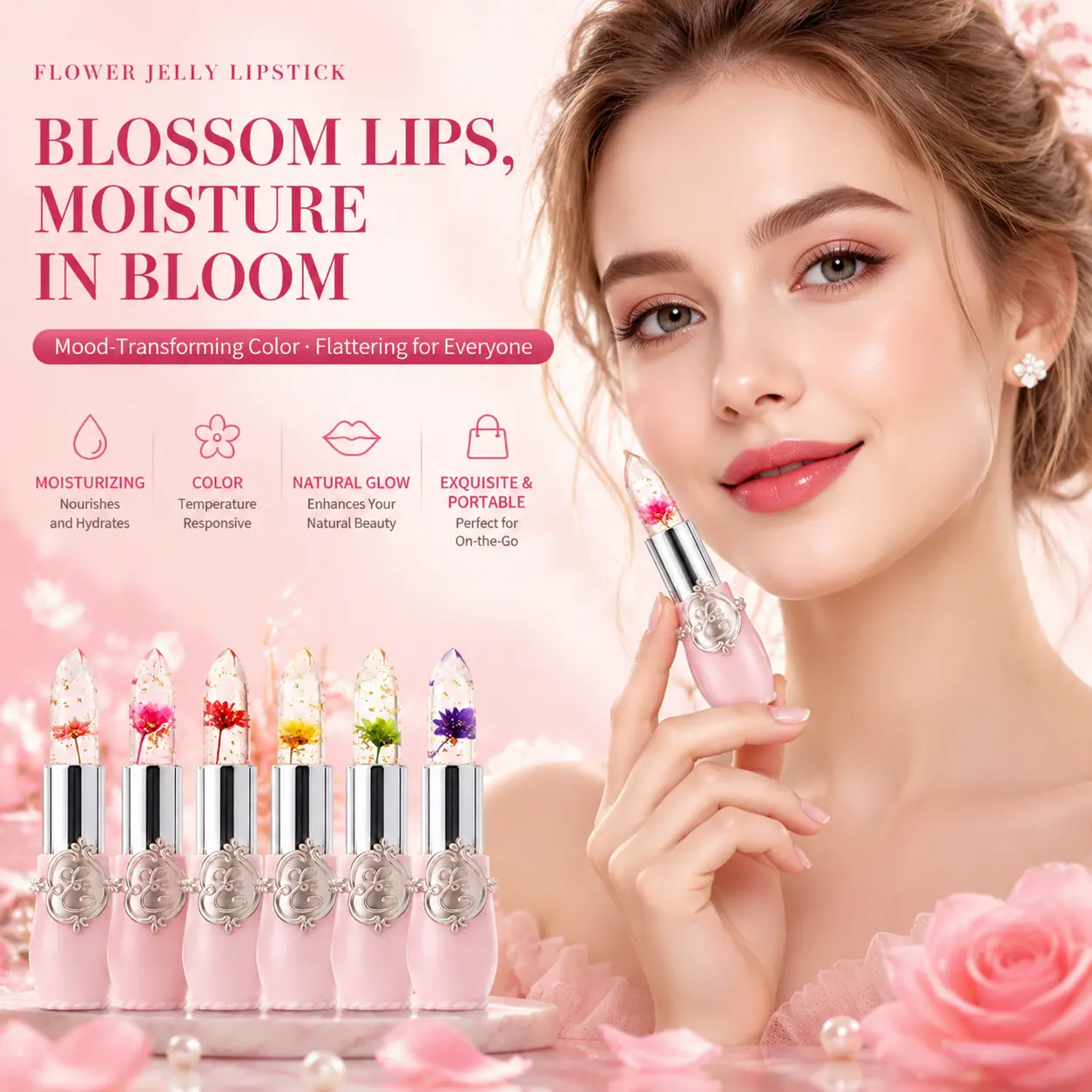 6 Pcs Crystal Flower Jelly Lipstick Set – Temperature-Responsive, Moisturizing, Long-Lasting, Color-Adjusting Lip Balm with Flowers, Ideal Gift for Women and Girls Gloss Lipgloss Cocoa Daily