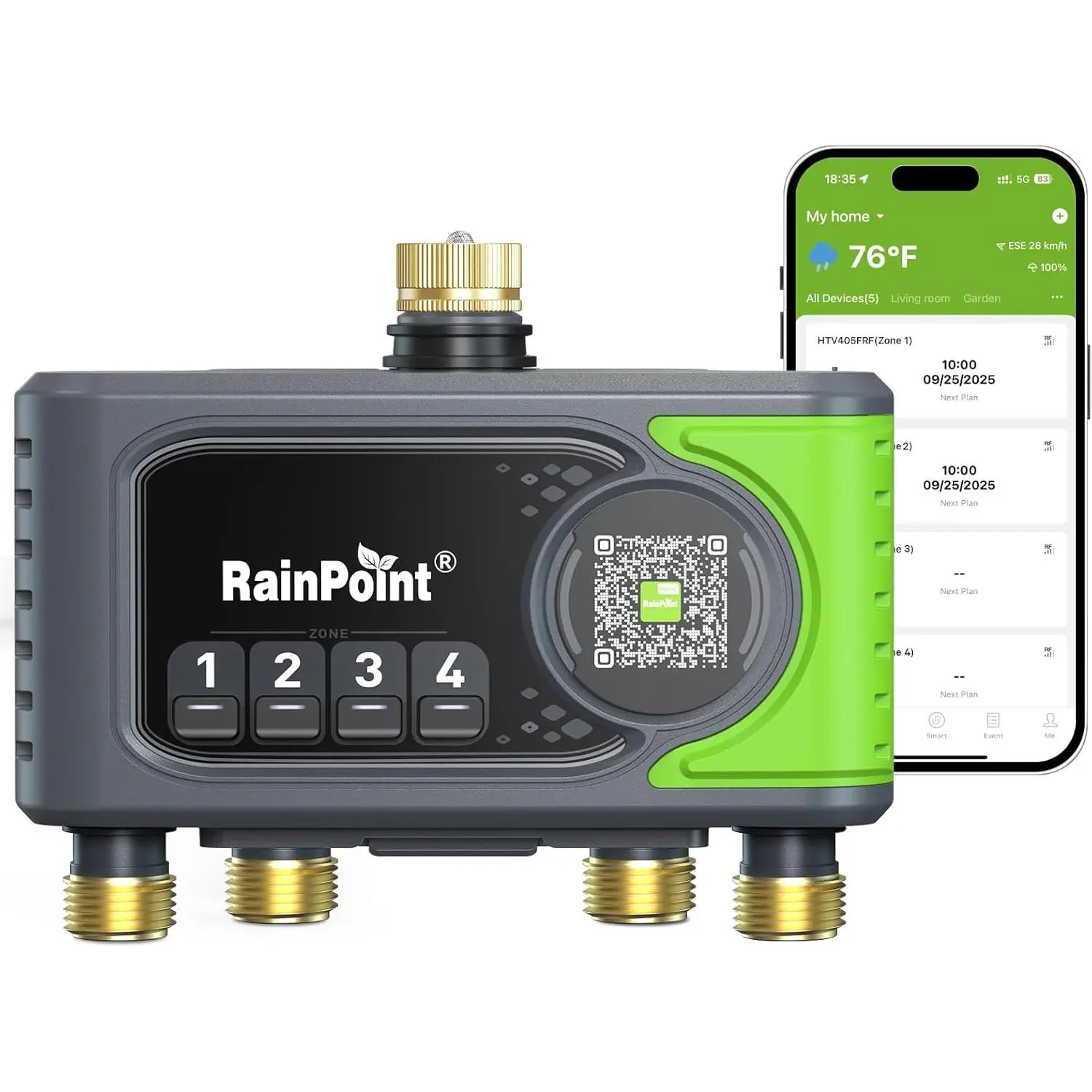 RAINPOINT WiFi 4-Zone Outdoor Smart Sprinkler Timer with Brass Inlet/Outlet, Smart Control, App/Voice Control, Custom Programs for Water Sprinklers, All Seasons No-Hub Automatic Garden Watering Accessory