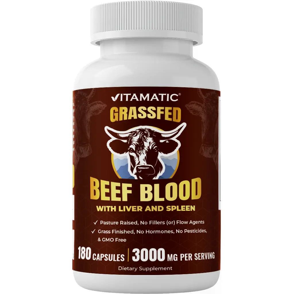 Vitamatic Natural Grass-Fed Beef Blood Glandular Dietary Supplement with Liver & Spleen - 180 Freeze-Dried Capsules - 3000 mg per Serving - Sugar Free, Non-GMO, Pasture-Raised - Energy Boost, Immune Health - Made in USA