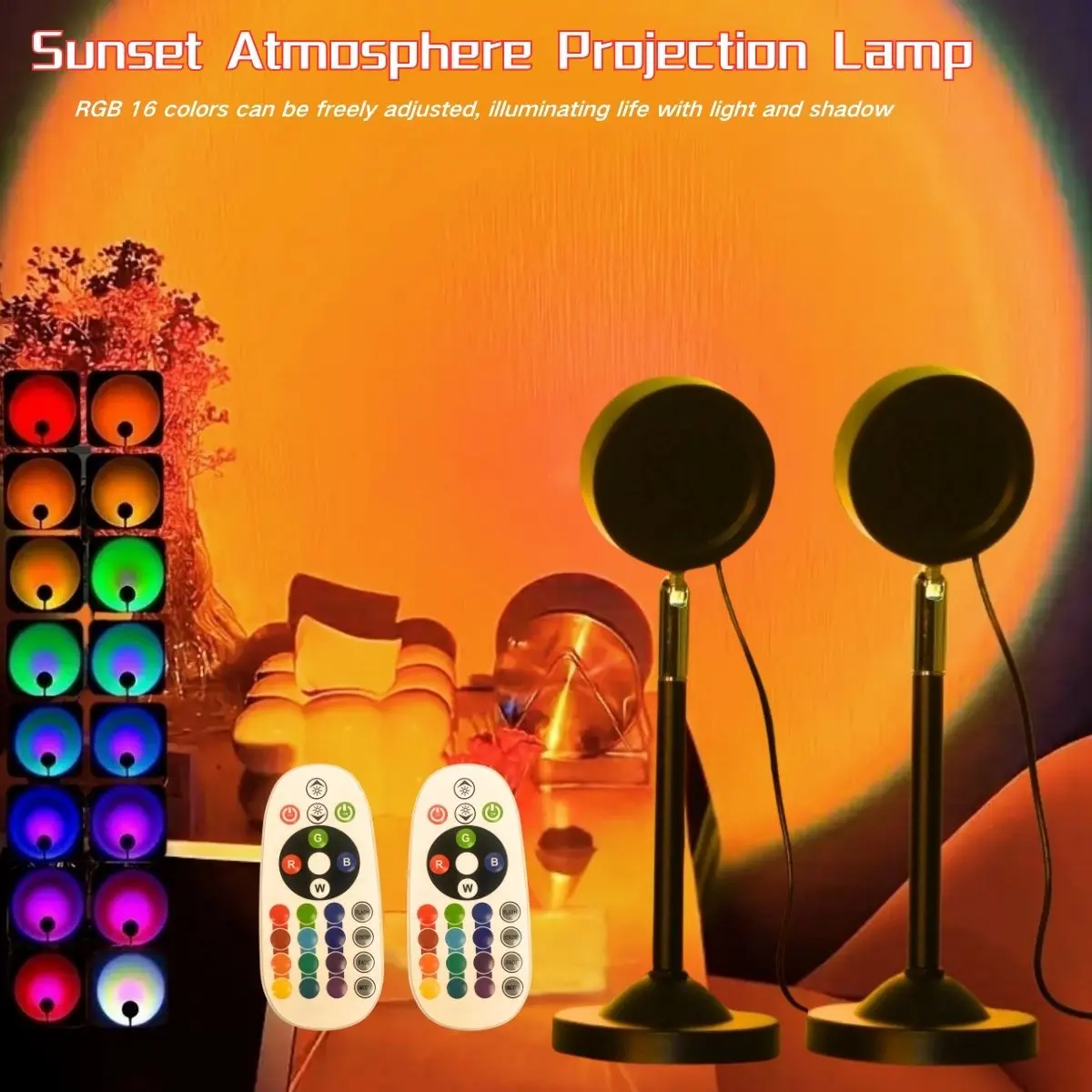 2pcs LED Sunset Atmosphere Projector Lights, 16 Colors Adjustable RGB Lighting Rainbow Lamp with Remote Controller, USB Powered Photo Wall Props Bedroom Decor Gift Light, Led Mood Light, Decorative Lighting