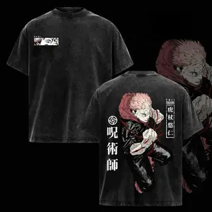 Men's Jujutsu Kaisen Itadori Yuji Execution Arc Distressed Vintage Washed Classic Round Neck Shortsleeve Tshirt Apparel, Unisex Oversized Soft Cotton Casual Streetwear, Cursed Energy Inspired Gift for JJK Fans