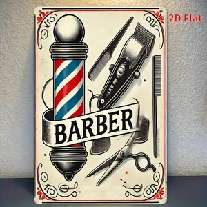 1PC 2D Flat,Vintage Barber Shop Tin Sign - Vintage Metal Wall Art with Scissors, Comb, and Striped Column Design - Home, Garage Wall Decoration, Home Decor Products, Barber Shop Decor, Classic Metal Craft, Vintage Plaque Decor, Room Decoration