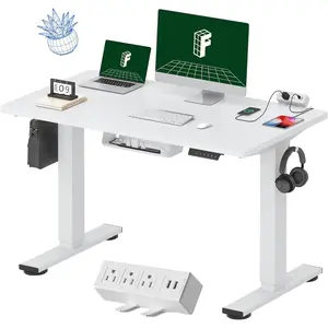 FLEXISPOT EN2 Whole-Piece Standing Desk with Clamp Power Strip, 48x24 Electric Stand Up Height Adjustable Desk with Cable Management (White Frame + 48" White Top)