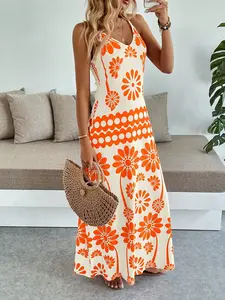 Women's Floral Halter Neck Sleeveless Flowy Long Dress, Vacation Casual Bohemian Style, Elegant and Comfortable, Perfect for Summer