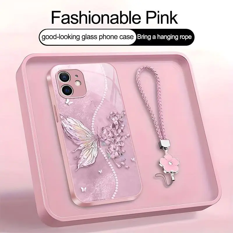 Fairycore Butterfly Phone Case – Elegant Floral Pearl Cover with Lanyard for iPhone 12 mini - 975