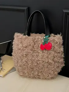 Women's Winter Lamb Fur Bucket Bag, Fashionable Bucket Bag, Korean Style High-Quality Casual Handbag, All-Season Versatile Water Bucket Purse with Charm