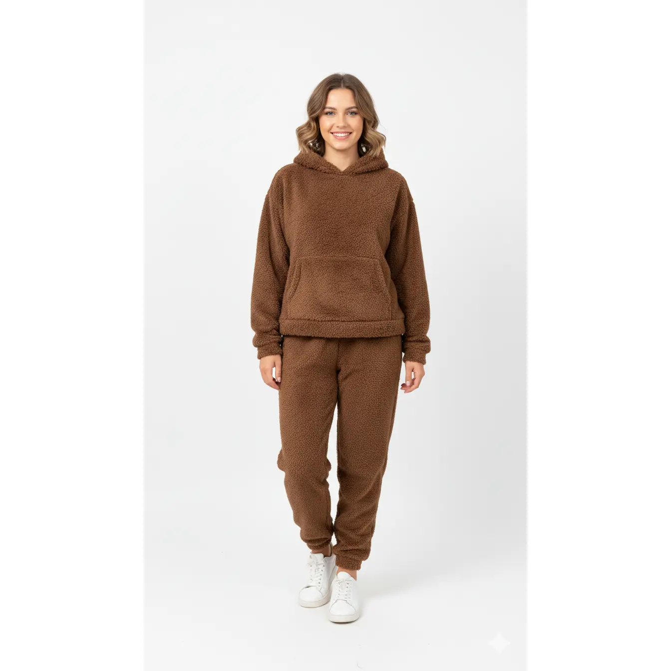 Conjunto Teddy Fleece Marrón Ultra Suave - Sudadera con Capucha y Pantalón Jogger