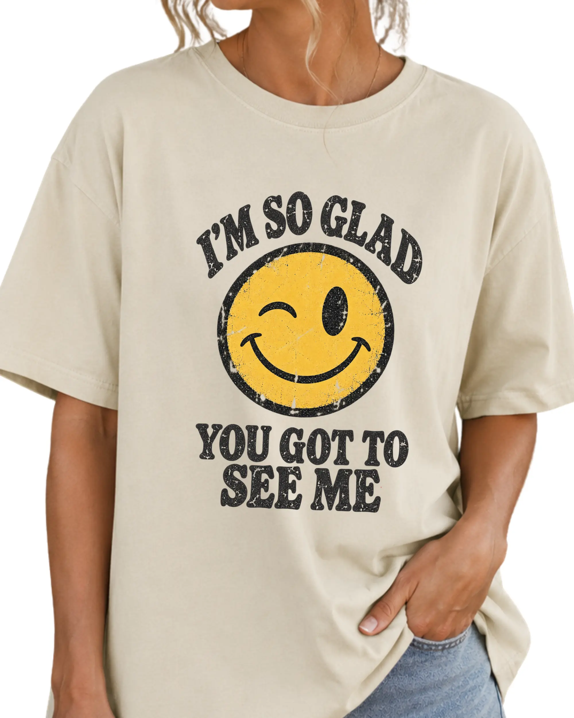 Men's Unisex Cotton Vintage Smiley Graphic T-Shirt - "I’m So Glad You Got to See Me" Print, Comfortable Fit, Classic Style, Oversized