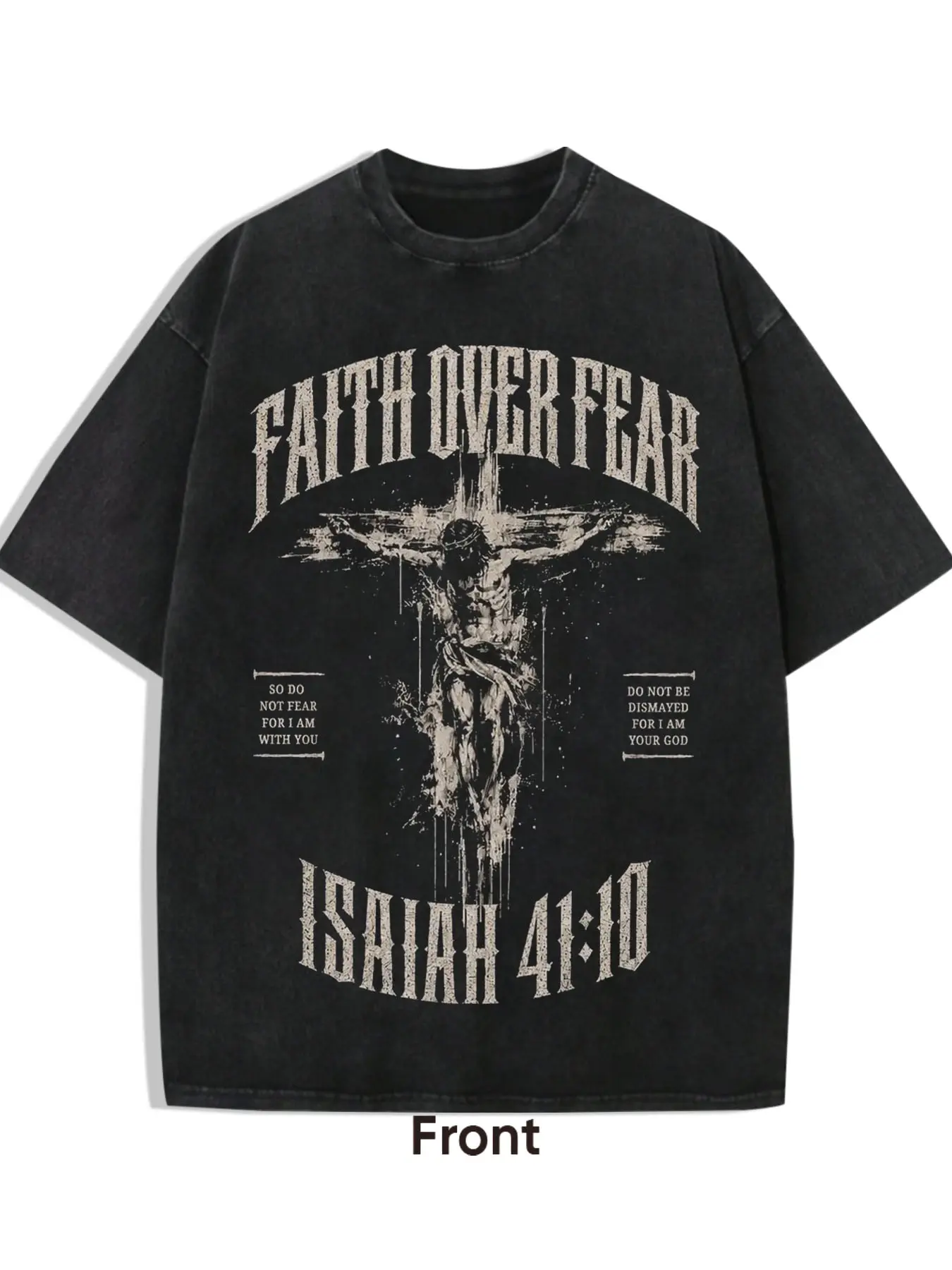 1 PCS Faith Over Fear Jesus Crucifix Isaiah 41:10 Bible Verse Vintage Distressed Graphic Print, Christian Grunge Streetwear Tee, Soft Breathable Unisex Top For Faith Believers Casual Outfit