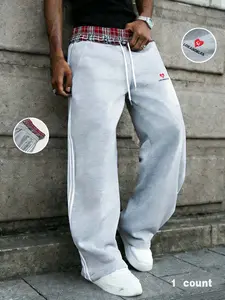 Men's Faux Two-Piece Plaid Design Letter Embroidered Casual Drawstring Side Stripe Pants, Streetwear, Street Style, Sporty, All Seasons, Fashionable and Versatile
