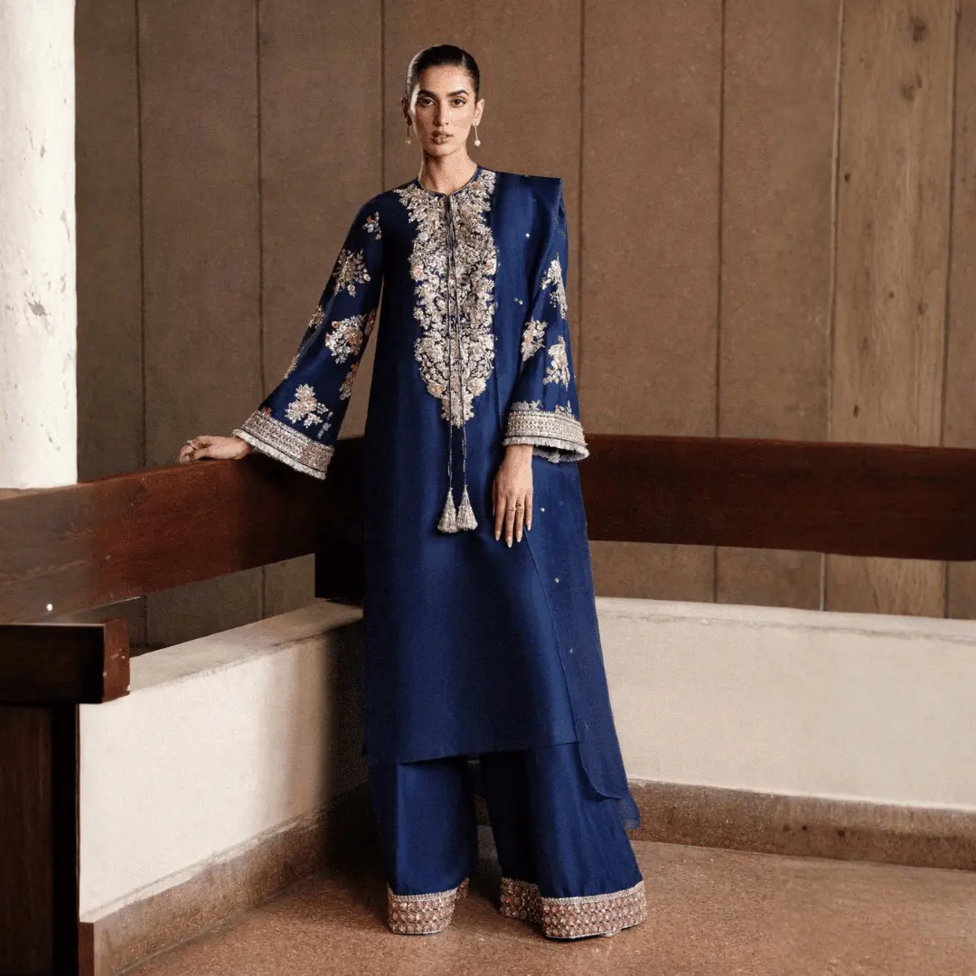 Neelam | Navy Blue Hand-Embellished Raw Silk Palazzo Set with Organza Dupatta