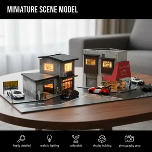 1/64 Scale Diorama Car Garage Model LED Lighting City Street View Repair Workshop Model Car Parking Lot Scene Display Building Model For Hot wheels Model Car Display case Collection Gift