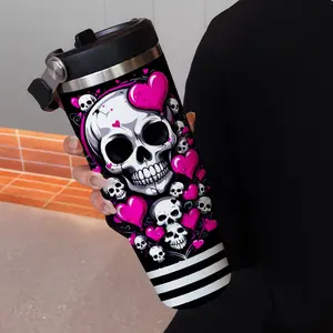 30oz Large Capacity Portable Insulated Water Bottle Mug Tumbler, Halloween Skull Design, Stainless Steel Double Wall, Straw Lid, Insulated Drinkware, Drinkware Flasks, Ideal Gift for Christmas & Festivals