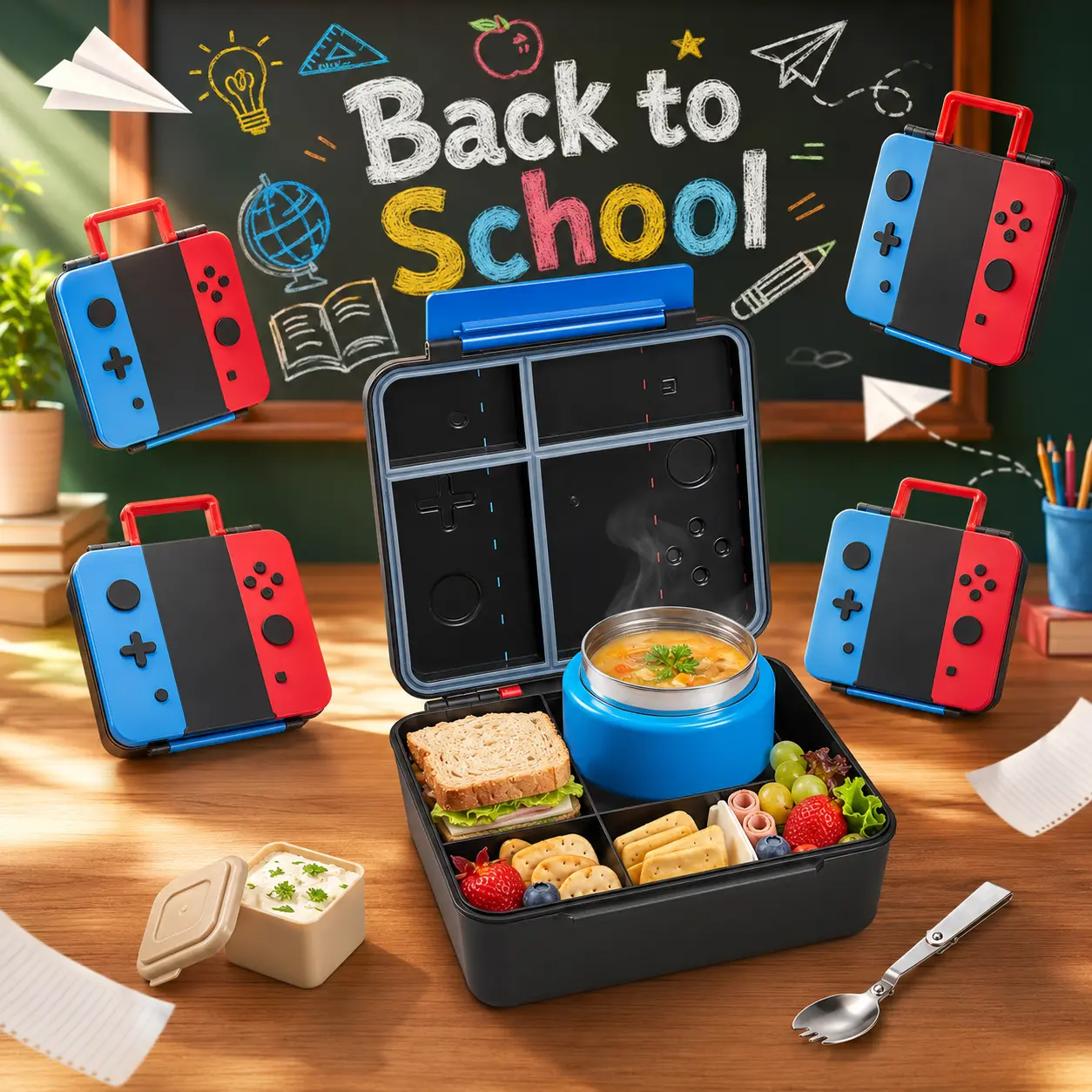 PAWTONG Kids' Stainless Insulated Multi-Compartment Steel Lunch Box Set - 9oz Leakproof BPA-Free Soup Thermos Jar, 4 Tableware Pieces, Built-In Handle, Playful 3D-Style Shapes, Storage Organization for School, Camping，mckenna lunch food container box 