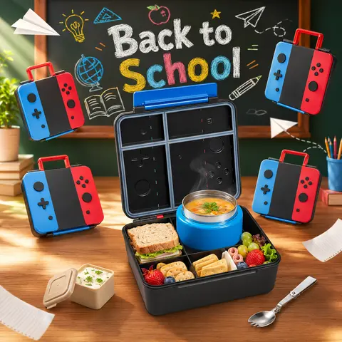 PAWTONG Kids' Stainless Steel Insulated Multi-Compartment Lunch Box Set - 9oz Leakproof BPA-Free Soup Thermos Jar, 4 Tableware Pieces, Built-In Handle, Playful 3D Shapes, Customizable Spaces, Keeps Foods Fresh, for Packing Lunch for My Kid, Meal Planning