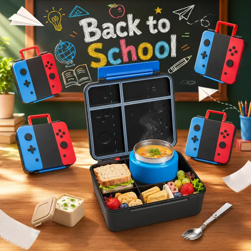 PAWTONG Kids' Stainless Steel Insulated Multi-Compartment Lunch Box Set - 9oz Leakproof BPA-Free Soup Thermos Jar, 4 Tableware Pieces, Built-In Handle, Playful 3D Shapes, Customizable Spaces, Keeps Foods Fresh, for Packing Lunch for My Kid, Meal Planning