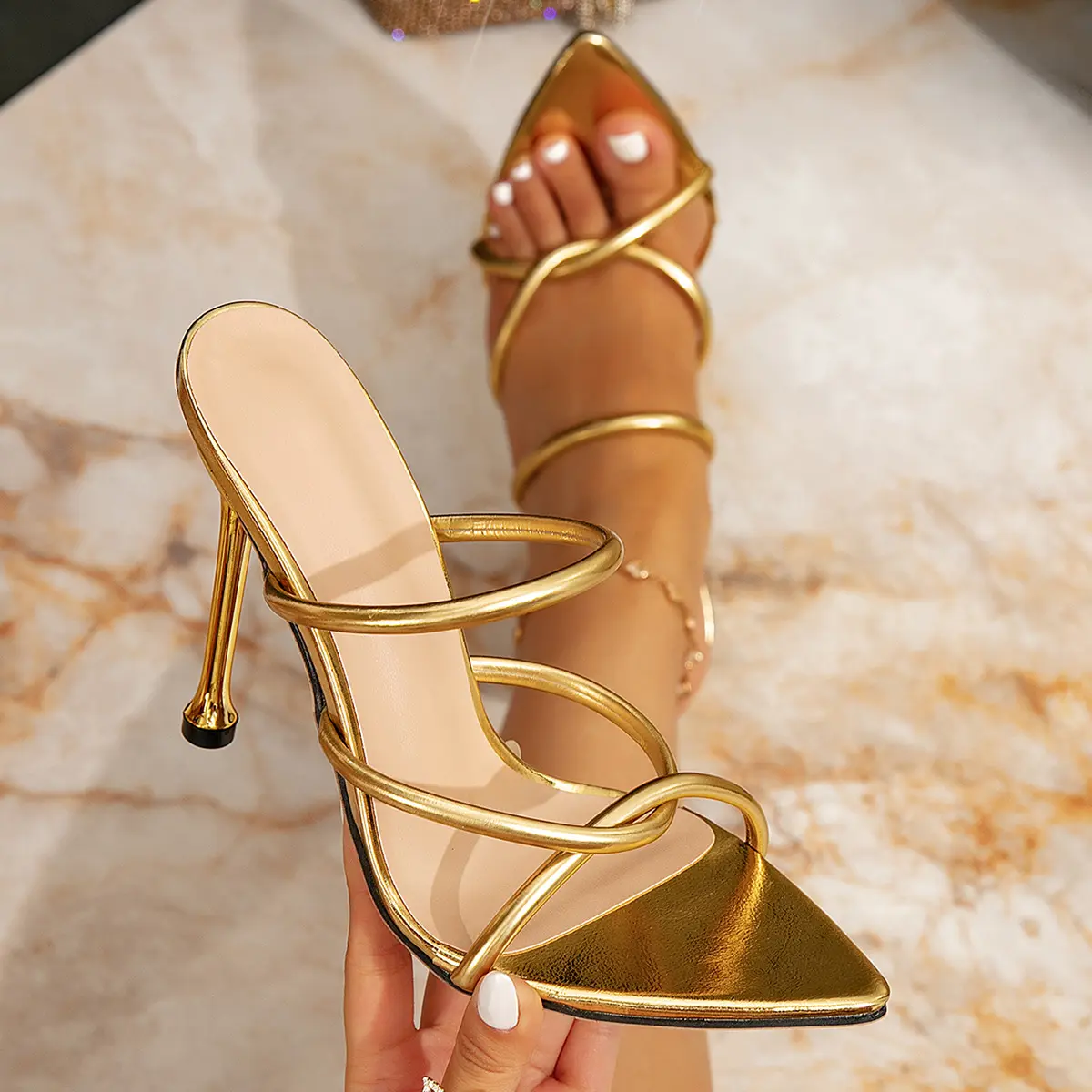 Women's high-heeled sandals gold fashion high-heeled women's shoes stiletto heel pedal pointed decorative simple high-heeled sandals