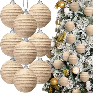 9 pieces of Bohemian style farmhouse Christmas decorations-2.36-inch linen and yellow hemp rope ornaments, suitable for trees, garlands, garlands-country linen festivals and wedding home decorations, Bohemian style, Christmas balls.
