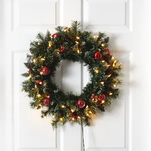 24” Frosted Artificial Christmas Wreath Decoration with 50 Warm White LED Lights, Ornaments, Berries, and Holly - Ideal for Wall, Front Door Decor