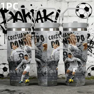 1pc 30oz C size Ronaldo Real Madrid 9th jersey period themed stainless steel insulated cup with handle and straw. Large capacity portable fan water cup suitable for sports fans.