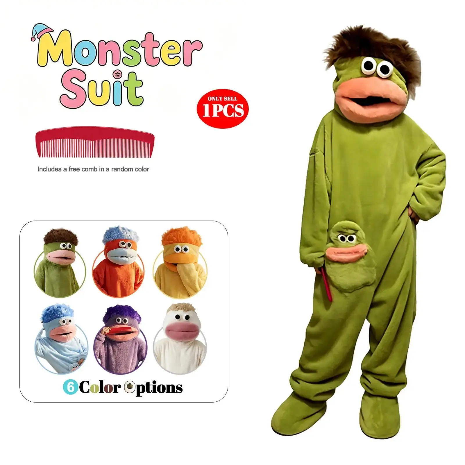 Men's Cute Monster Hooded Fleece Pajama Set, Loose Cozy Loungewear with Robe and Comb homeessentials