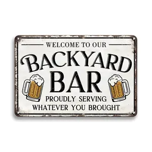 1pc Wall Art Metal Tin Sign - Welcome To Our Backyard Bar Wall Decor Poster Beer Glass Pattern Perfect For Party, Bar, Beer Pub, Kitchen, Restaurant & Halloween Space Decoration