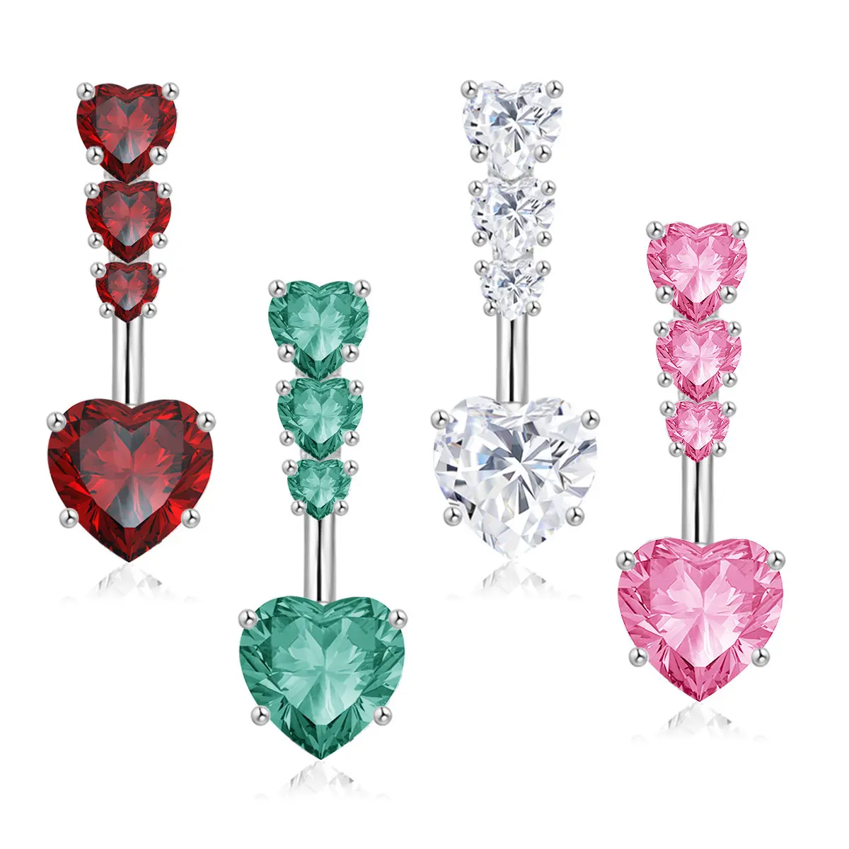 Women's 4Pcs 14G  Steel Heart Shaped Belly Button Rings Set - Colorful CZ, Moonstone Floating Waist Beads, Chic Unisex Body Piercing Jewelry (Standard Size, Septum & Tongue Compatible), Cute nose bone lip screw navel magnetic ear clip nose hoop