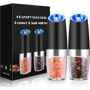 Gravity Electric Pepper and Salt Grinder Set, Adjustable Coarseness, Battery Powered with LED Light, One Hand Automatic Operation, Stainless Steel Black, 2 Pack