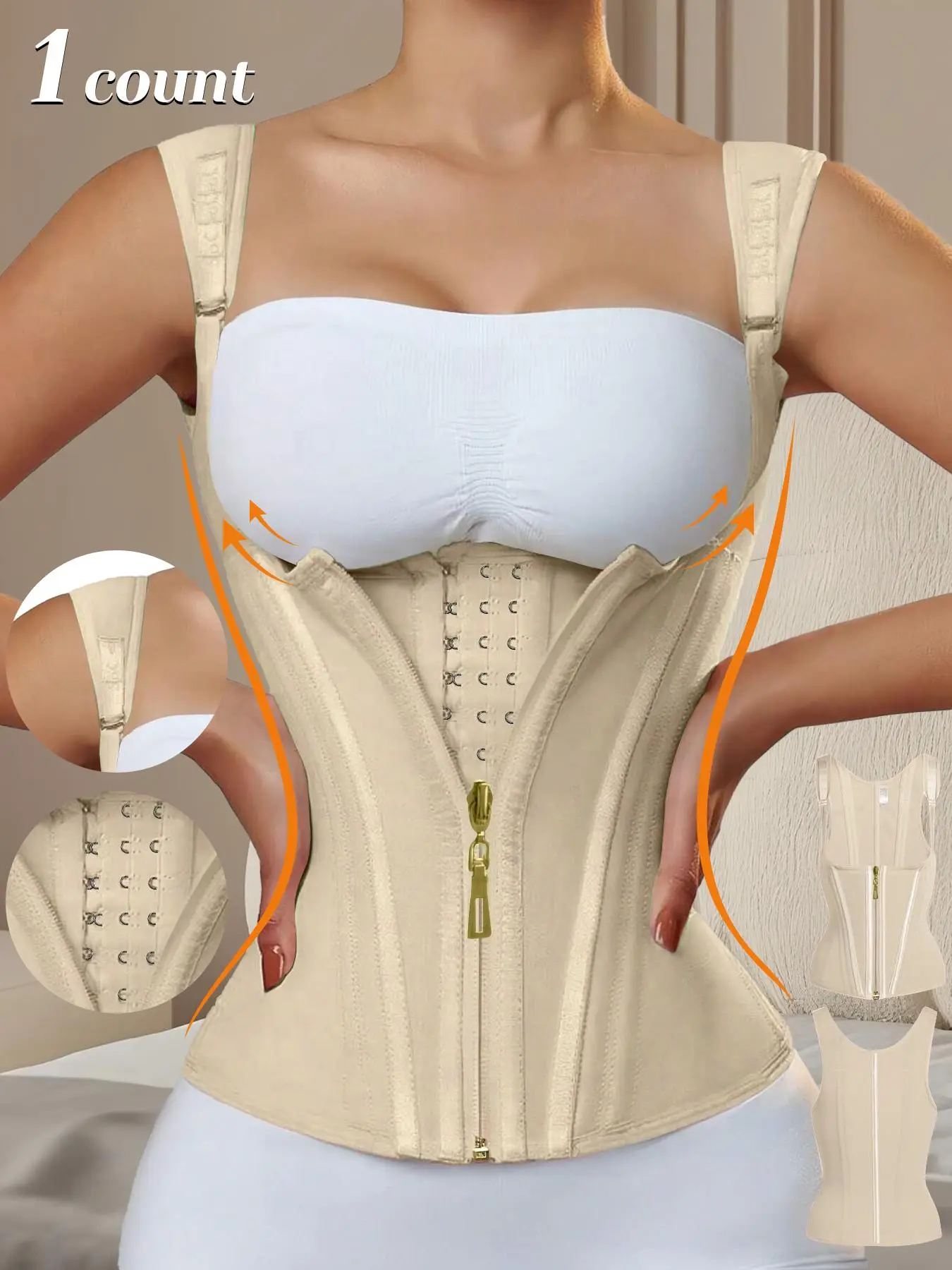 Women's Solid Color Zipper Hooks Waist Trainer Corset, Tummy Control Shapewear Tops, Adjustable Hooks Body Shaper for Women