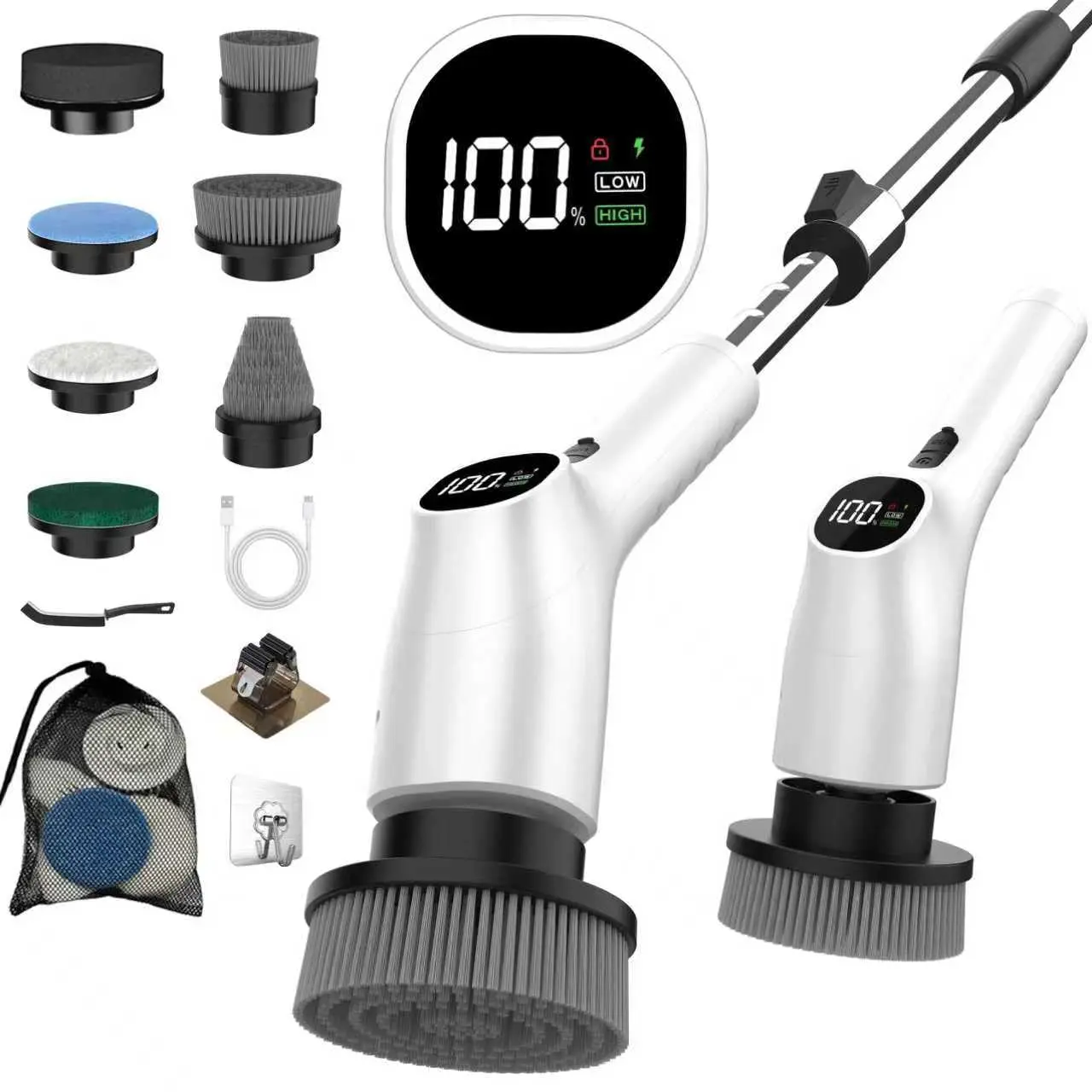 Rechargeable Rotating Cleaning Brush - Cordless Shower Power Scrubber, 8 Replaceable Scrubber Brushes, 3 Adjustable Speeds, LED Screen, Detachable Handle (Home Supplies)