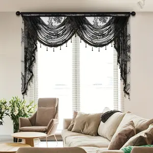 1pc Exquisite Black Lace Valance Curtain - Elegant European-Style Wave Design, Rod Pocket, Blocks Light, Suitable for Windows, Doors, Living Room, Home Decor, Easy Installation