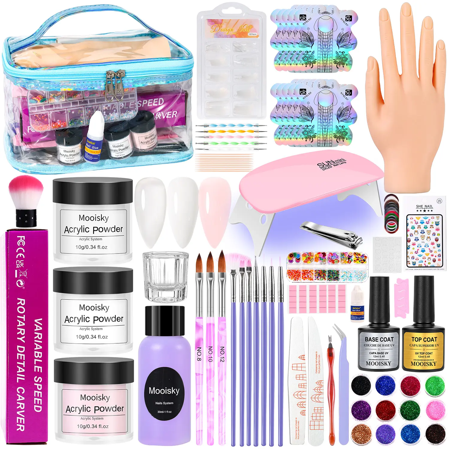 Nail Kit for Beginners with Everything:Acrylic Nail Liquid Powder Set with Practice Hand Drill U V Light in Blue Cosmetic Bag for Women Salon
