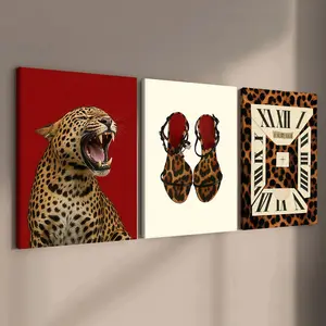3-Pack Wood Frame Canvas Posters, Vintage Leopard Print High Heels Decor, Leopard Theme, Modern Living Room Art, Waterproof, Gift Idea