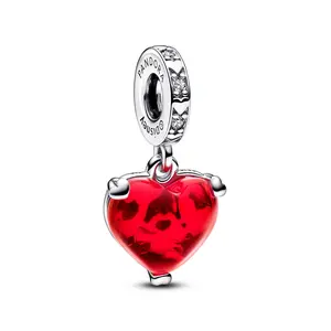 Pandora Disney Mickey & Minnie Mouse Kiss Red Murano Glass Dangle Charm 792522C01