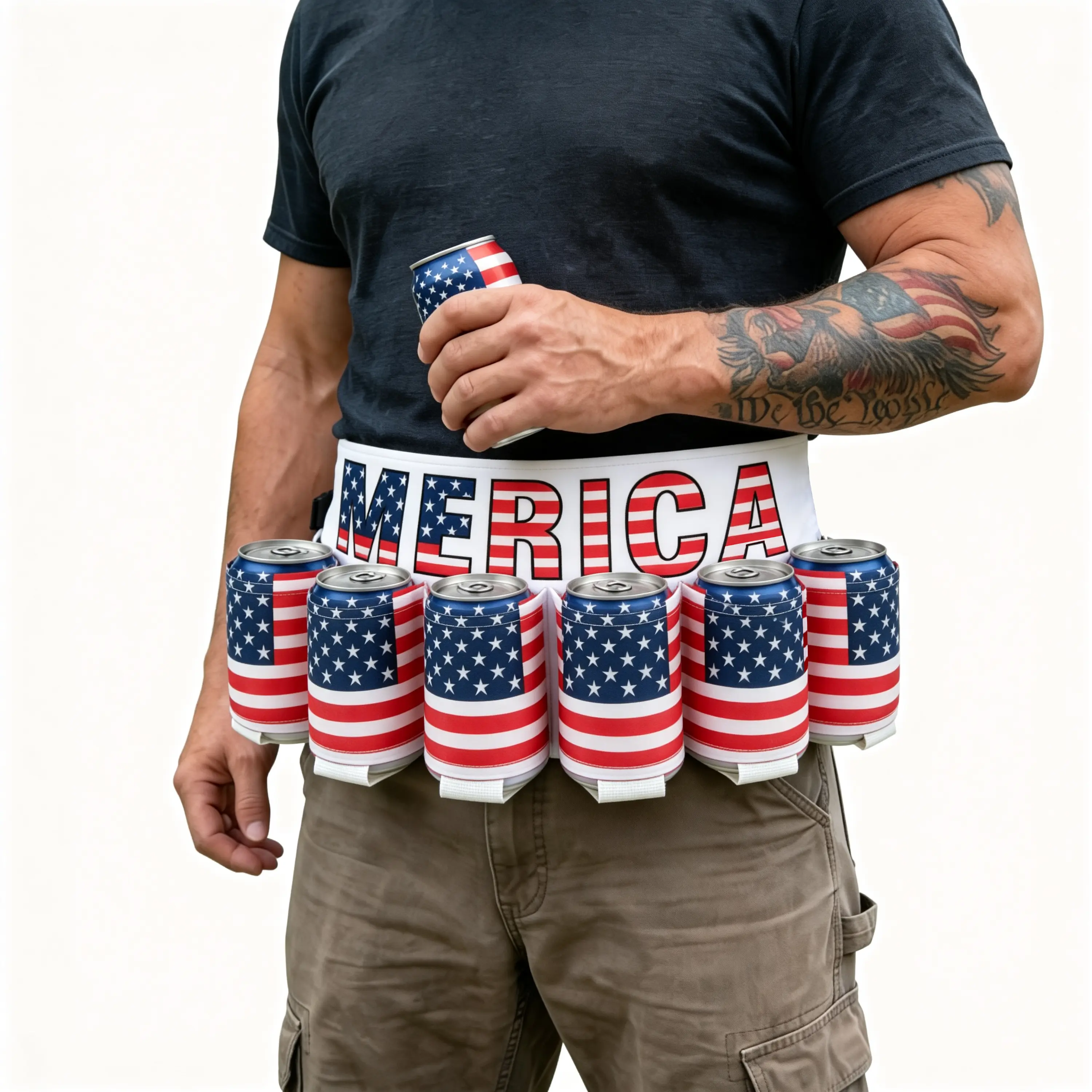Patriotic USA Flag 6 Pack Can Holder Drink Belt, Classic Drinkware, Adjustable Holster for Men, BBQ & 4th of July Party Essential