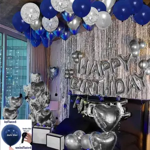 Happy Birthday Letter Balloon Set, Blue Silver Rose Gold Birthday Party Decoration with Foil Curtain, Birthday Balloons, Heart Shaped Balloons, Metallic Latex Balloon Confetti Balloons, Boyfriend's gift, Summer Home Decor Baby Shower