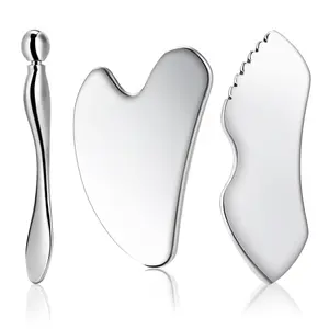 Gua Sha Facial Tools, 3 Counts Stainless Steel Metal Guasha & Eye Cream Applicator Facial Sculpting Tool Set Eye Massager Lymphatic Drainage for Face Neck Facial Beauty Massagers