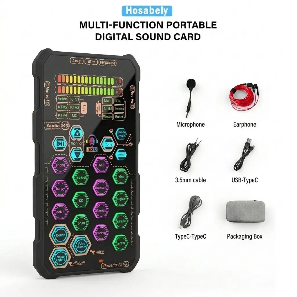 HOSABELY SK9 Digital Sound Card - Handheld Mini Voice Changer Recording Set with Professional Chipset, Portable Audio Interface, Gaming/Singing Tone Adjustment, Phone/Computer Compatible Tech Gadgets Tools Gift for Adults
