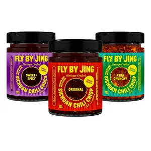 FLYBYJING Sichuan Chili Crisp Sauce Bundle 3 Pack Premium Vegan Chili Oil Crispy Savory Spicy Crunchy Condiments for Noodles Proteins Vegetables Gift Set Gourmet Hot Sauce Variety Pack 6oz Each