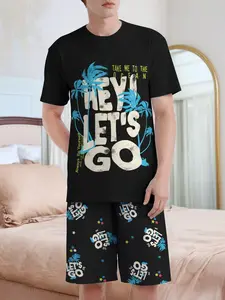 Men's Regular Fit Palm Tree Print Tropical Tee & Shorts Pyjama, Casual Comfy Round Neck Short Sleeve T-Shirt & Shorts PJ Set, Men's Sleepwear for Summer, Loungewear, Pajamas