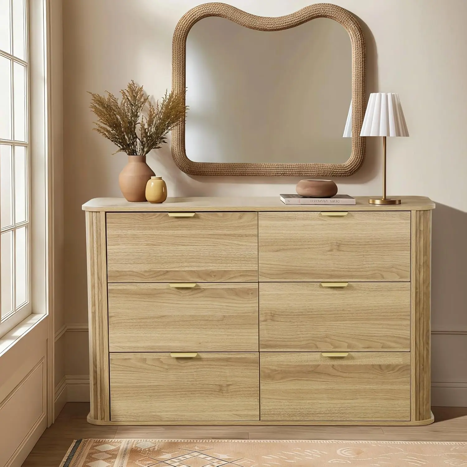 Farmhouse Sideboard Buffet Cabinet with 6 Drawers, 47 inch Modern Wooden Storage antique Cabinet with Metal Handles & Waterproof Surface, Multi-Use for Bedroom, Living Room & Entryway Dresser With Wheels