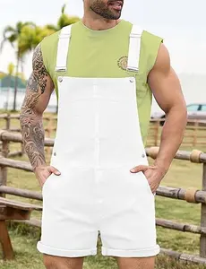 Stretchy Denim Overalls for Men Jean Shorts Jumpsuit Work Bibs Coveralls with Zipper