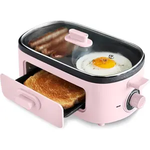 3-in-1 Breakfast Maker Station, Healthy Ceramic Nonstick Dual Griddles for Eggs Meat Sausage Bacon Pancakes and Breakfast Sandwiches, 2 Slice Toast Drawer, Easy-to-use Timer, Pink