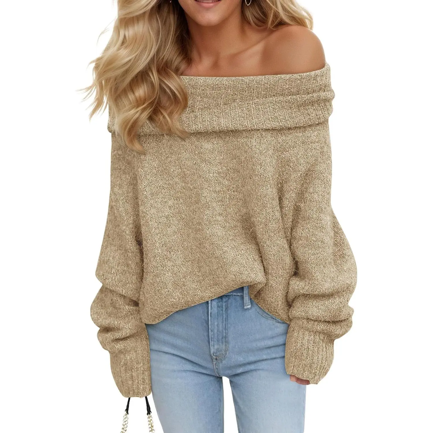 Saodimallsu Women's Off-The-Shoulder Oversized Long-Sleeve Loose Ribbed Knit Pullover - Minimalist Casual Sexy Top with Premium Soft Blend Fabric for Fall, Knitwear, Sweaters, Cold Shoulder Sleeve Fashion Womenswear