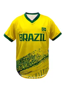 Men's Brazil Flag Print V Neck Baseball Jersey, Sporty Breathable Comfortable Soccer Top, Men's Sportswear for Outdoor Games Training Competition, Soccer Jerseys, Casual Sports Jersey