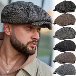 Trendy Painter Hat Men Beret Cap Textured Fabric British Vintage Newsboy Octagonal Fashion Versatile, All Seasons Universal Plain Pattern