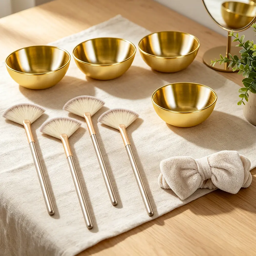 9PCS Esthetician Essentials, Face Mask Mixing Bowl Set for DIY Spa Salon with 4 Golden Mixing Bowls & 4 Facial Fan Brushes and 1 Hairband Suitable for A Perfect Gift Choice for Beauty Lovers